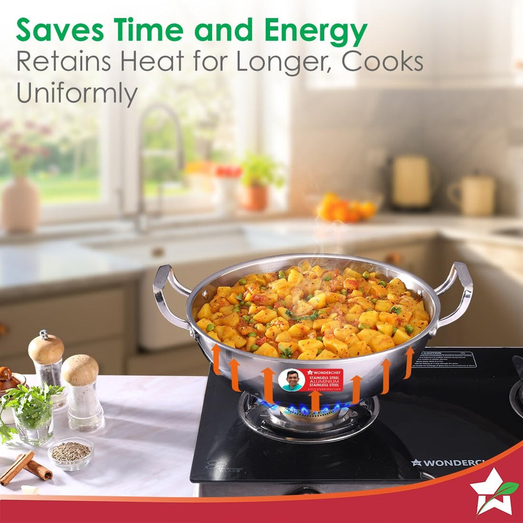 Wonderchef Stella Triply Stainless Steel Kadhai with Lid 20cm 1.6L