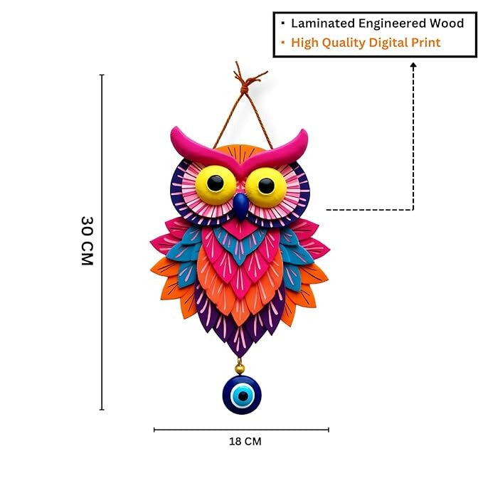 GiftOday Owl Shape Wooden Wall Hanging Evil Eye Decoration Modern Artwork Owl Design1