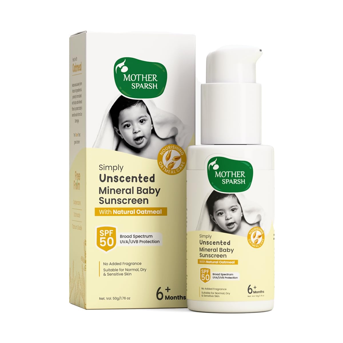 Mother Sparsh Simply Unscented Mineral Baby Sunscreen with SPF 50 - 50 gms