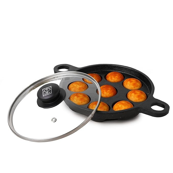 The Indus Valley Super Smooth Cast Iron Paniyaram Pan with Glass Lid | 9 Pit | 20.8cm/8.2inch | 2.7kg | Gas Compatible