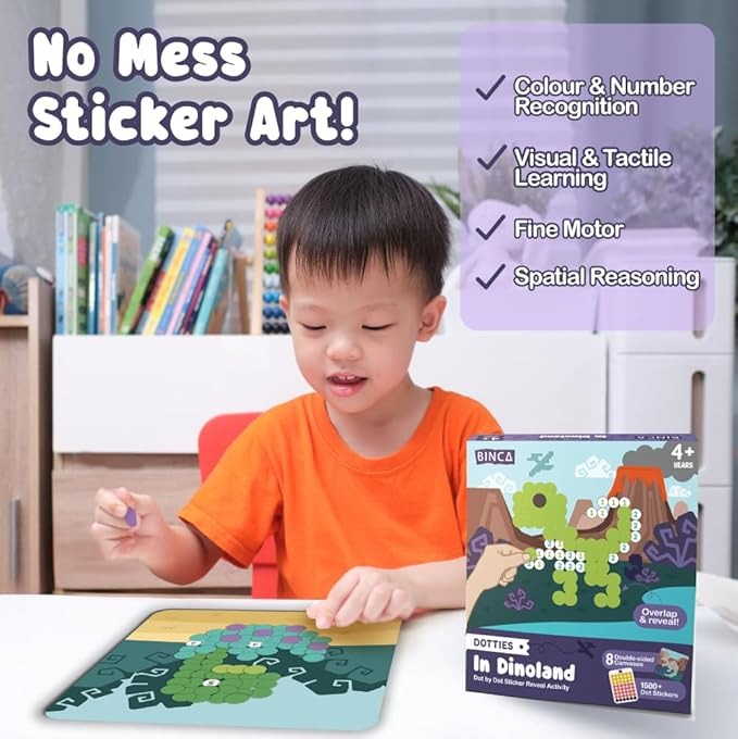 Binca Dotties Dot Art Activity Kit 1500+ Stickers 8 Dinosaurs DIY Dot Sticker Art Ages 4,5,6,7