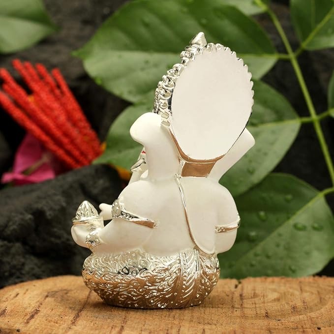 Ganesha Idol Silver Plated Ganesh Statue Ganpati Figurine 3.5 x 2 inches Multicolour