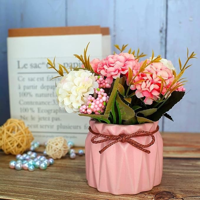 Artificial Flower with Ceramic Vase Hydrangea Bouquet Fake Flower Arrangements