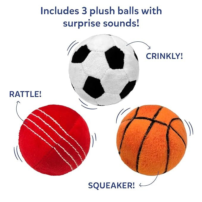 Skillmatics Plush Sports Bag Playset for Babies 3 Pc Soft Sensory Balls Toys for 6–24 Months