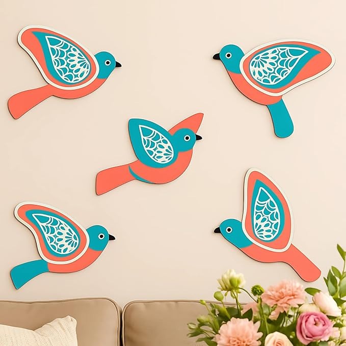 GiftOday Wooden 3D 5 Pieces Birds for Wall Art Panel  Wood Bird Folk Art Wall Hanging Style 6