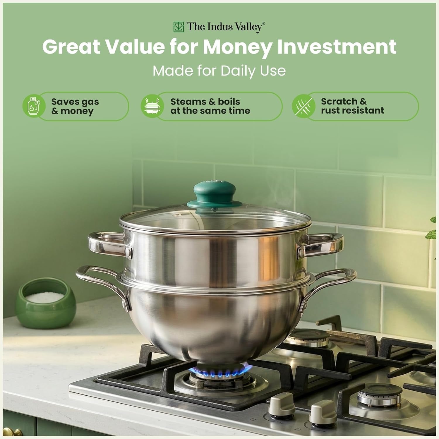 The Indus Valley Triply Stainless Steel Deep Kadai Steamer with Glass Lid 20cm