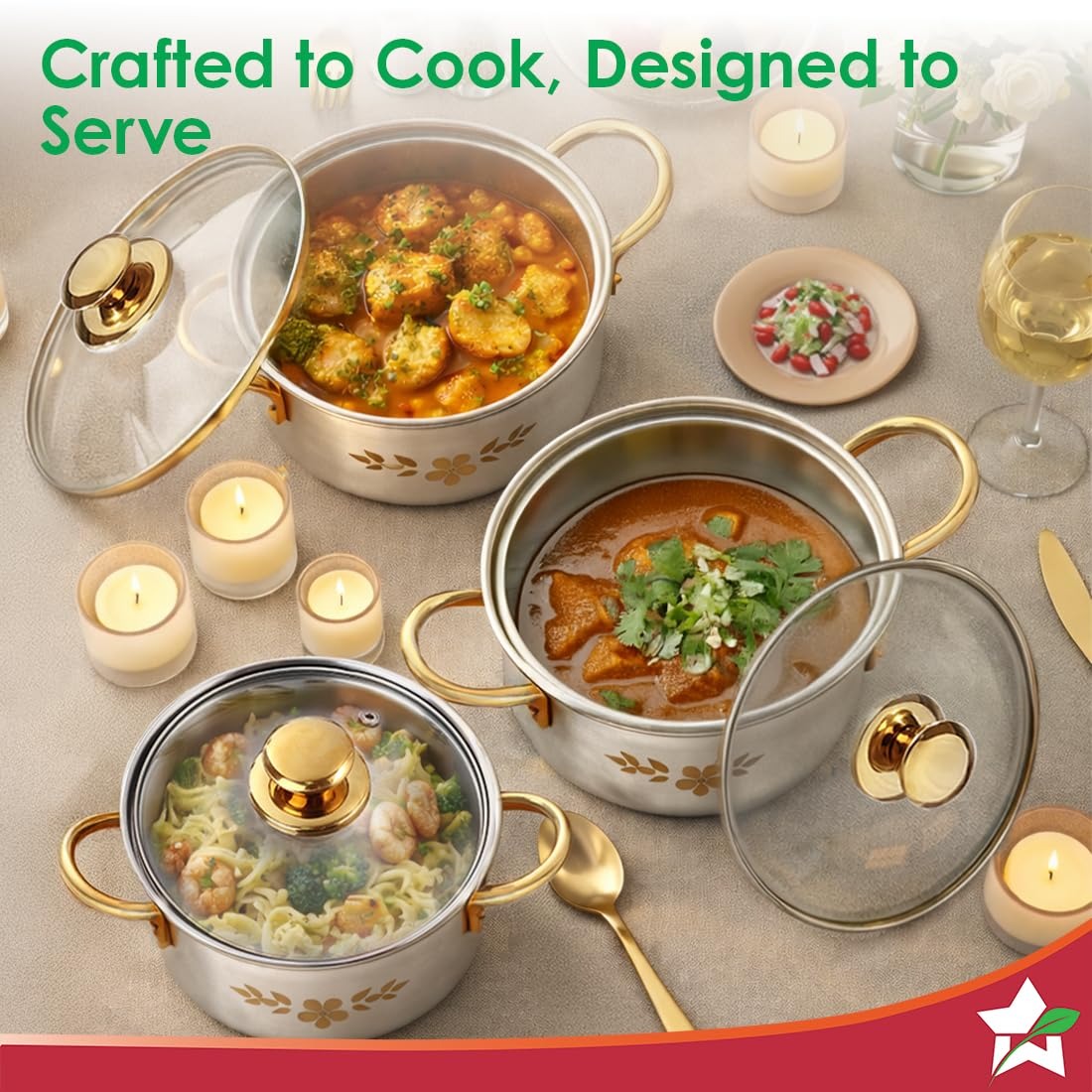 Wonderchef Gold Stanton Stainless Steel Casserole Set 3 Pcs