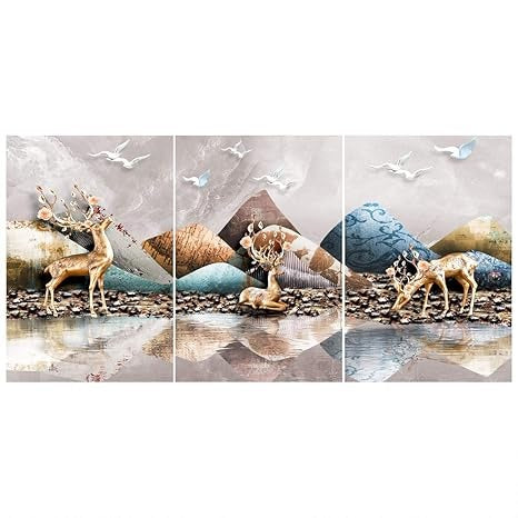 Rangoli CD-1253 Wood Animals Three Deer Painting Multicolour Abstract 12 x 18 Inch Design Code-1253