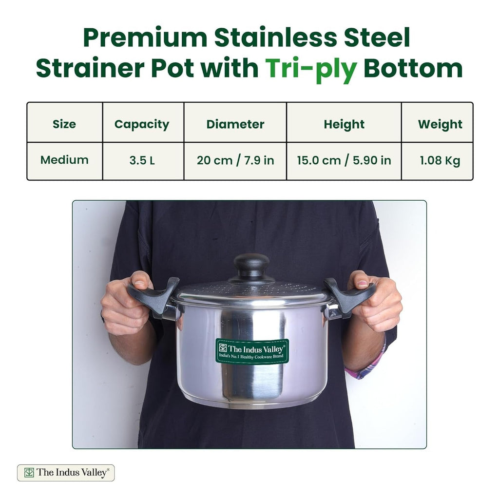 The Indus Valley Tri Steel Stainless Steel Strainer with Sandwich Bottom 19cm