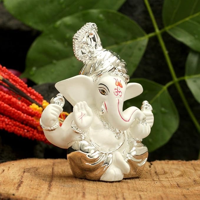 Ganesh Idol Silver Plated Terracotta Lord Ganesha Murti Type 3