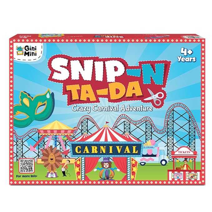 GiniMini Snip 'N' Ta-Da-Crazy Carnival – Scissor Activity Kit for Kids 4 5 6 7 Fine Motor Development, Pre-Printed Craft Sheets, Child-Safe Snip Scissors DIY Carnival Crafts Fun Learning Gift