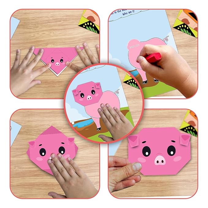 GiniMini Origami DIY Craft Kit for Kids 4+ 20-Sheet Fold Find & Colour Set with Riddle Scrapbook & Crayons Creativity & Motor Skills Builder Ideal Diwali Gift for Children