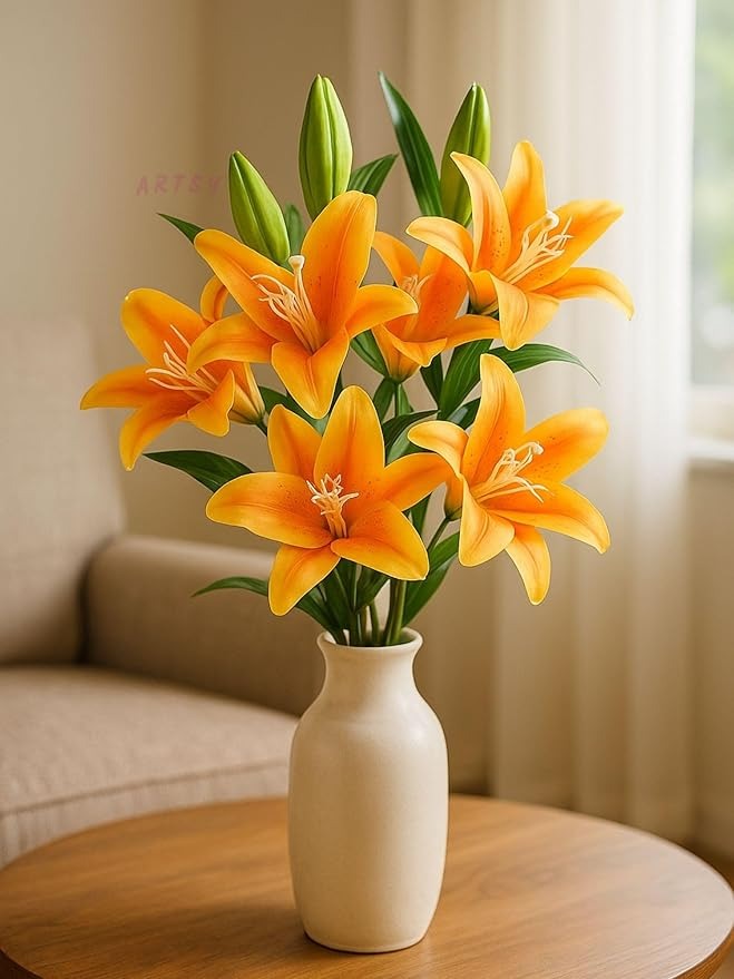 Artificial Flowers for Decoration Lily Flower Bunch for vase/Pot Long Size Stick Stem Without Vase