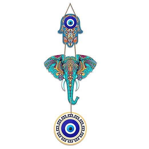 Designer Elephant Wooden Wall Hanging for Home Decor Hamsa Hand