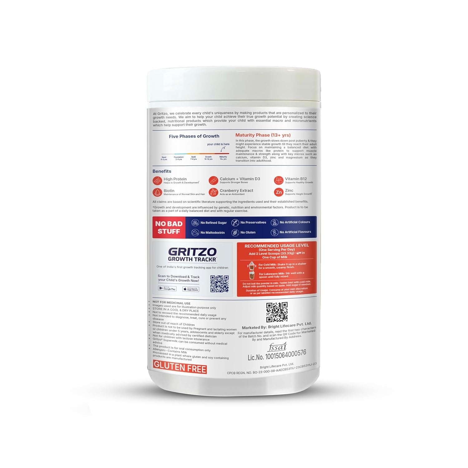 Gritzo SuperMilk Overall Growth (13+y Girls) 12g Protein Powder Double Chocolate - 400 gms