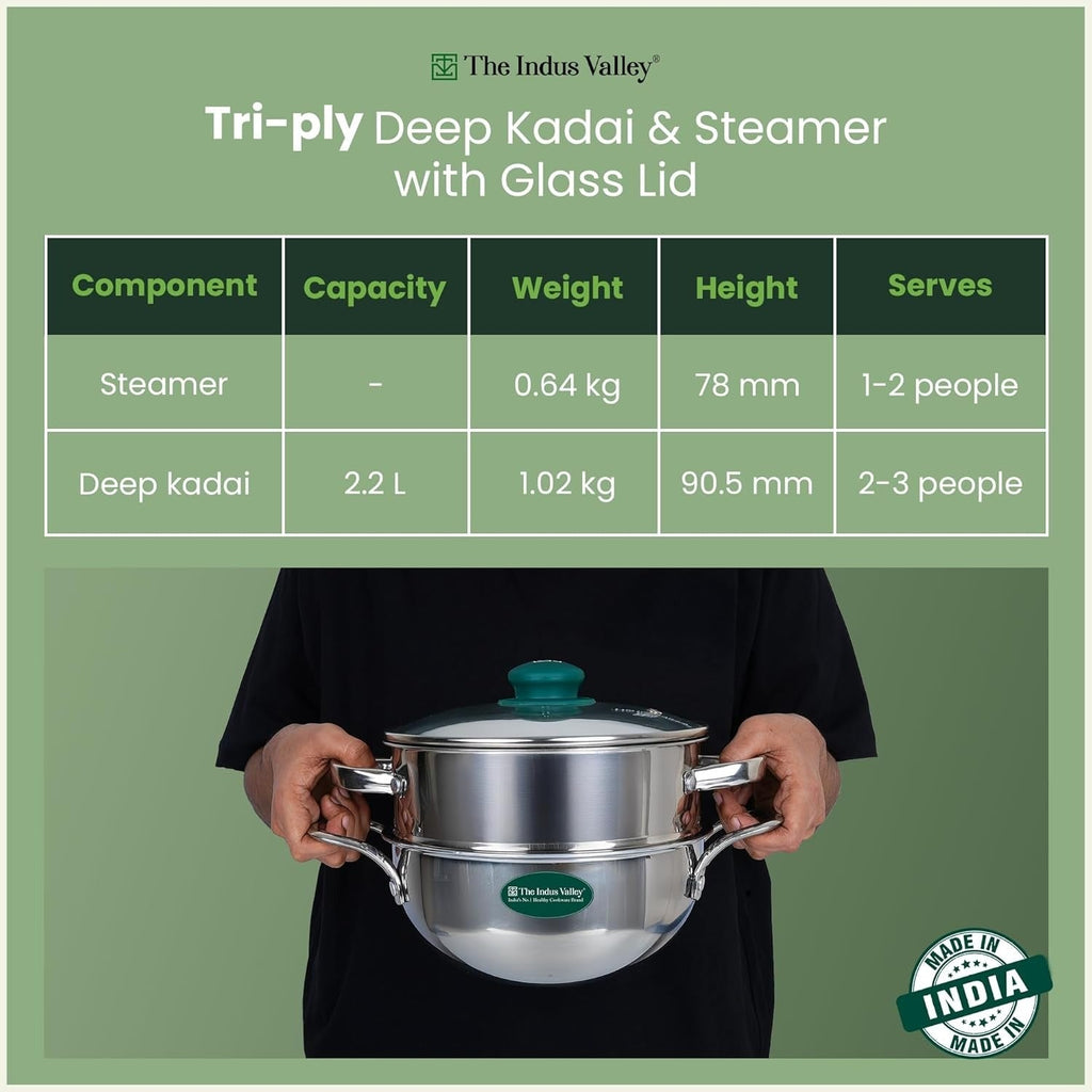 The Indus Valley Triply Stainless Steel Deep Kadai Steamer with Glass Lid 20cm