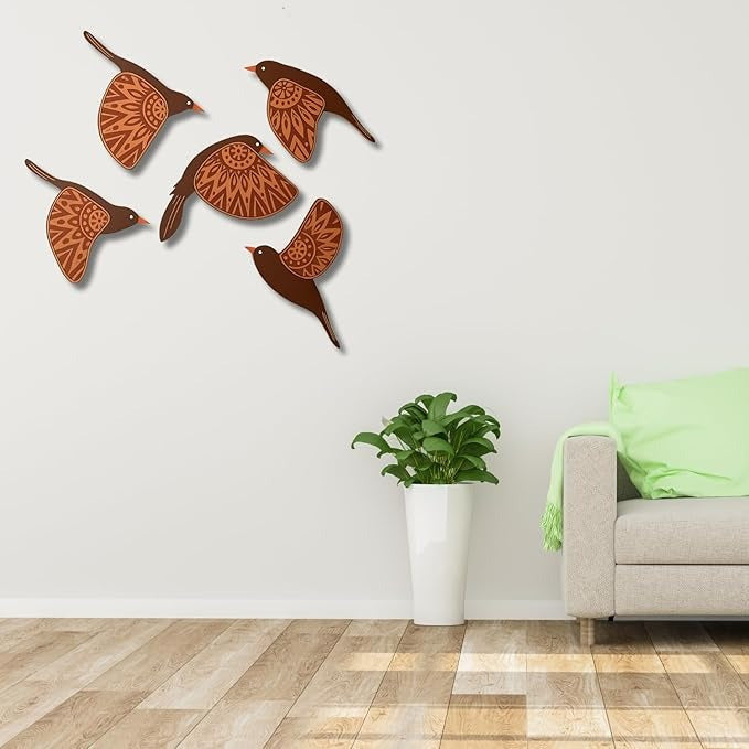 GiftOday Wooden 3D 5 Pieces Birds for Wall Art Panel  Wood Bird Folk Art Wall Hanging Style 3