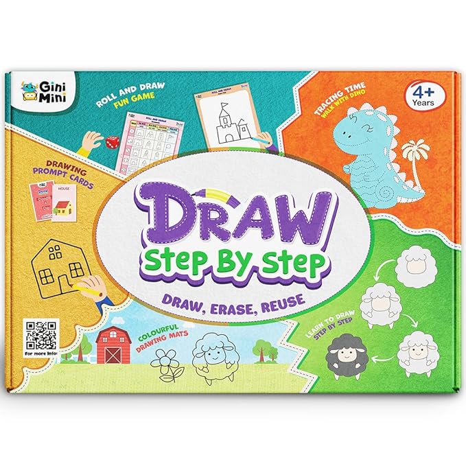 GiniMini Draw Step by Step Kit for Kids 4+ Learn to Draw with 60+ Shapes & Tracing Practice Reusable Travel-Friendly Art & Doodle Kit Creative Educational Gift for Boys & Girls