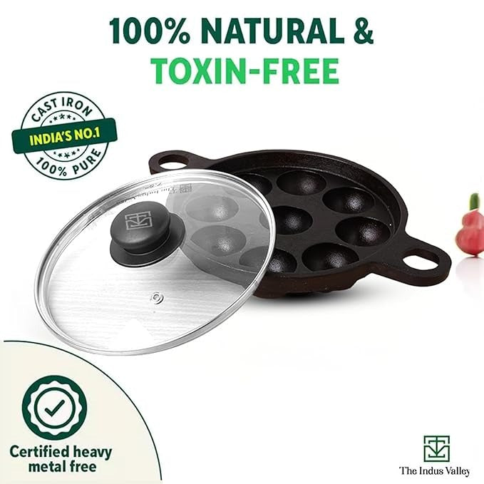The Indus Valley Super Smooth Cast Iron Paniyaram Pan with Glass Lid | 9 Pit | 20.8cm/8.2inch | 2.7kg | Gas Compatible