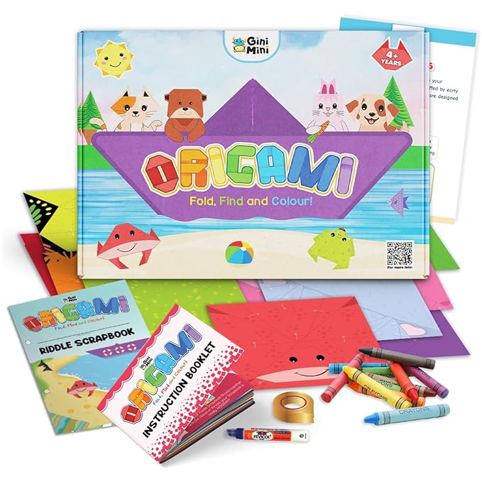 GiniMini Origami DIY Craft Kit for Kids 4+ 20-Sheet Fold Find & Colour Set with Riddle Scrapbook & Crayons Creativity & Motor Skills Builder Ideal Diwali Gift for Children