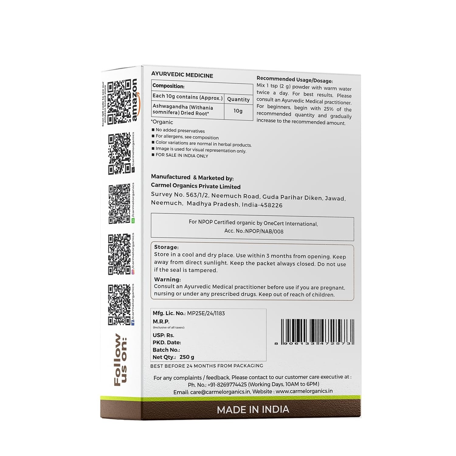 Carmel Organics Ashwagandha Root Whole - 250 gms