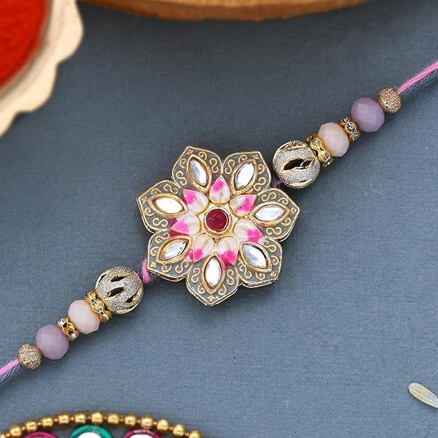Voylla Meenakari Kundan Embellished Pink Floral Enamel Work Rakhi