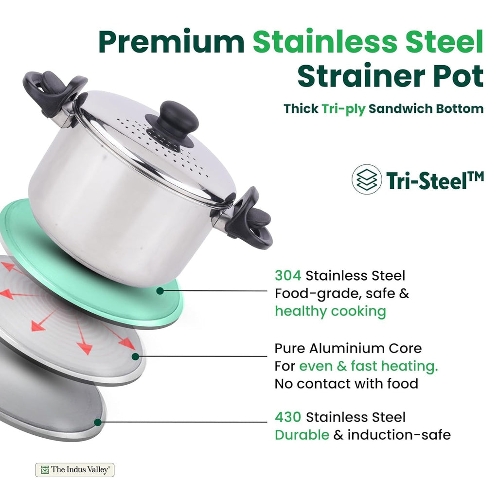 The Indus Valley Tri Steel Stainless Steel Strainer with Sandwich Bottom 19cm
