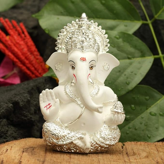 Ganesha Idol Silver Plated Ganesh Statue Ganpati Figurine 3.5 x 2 inches Multicolour