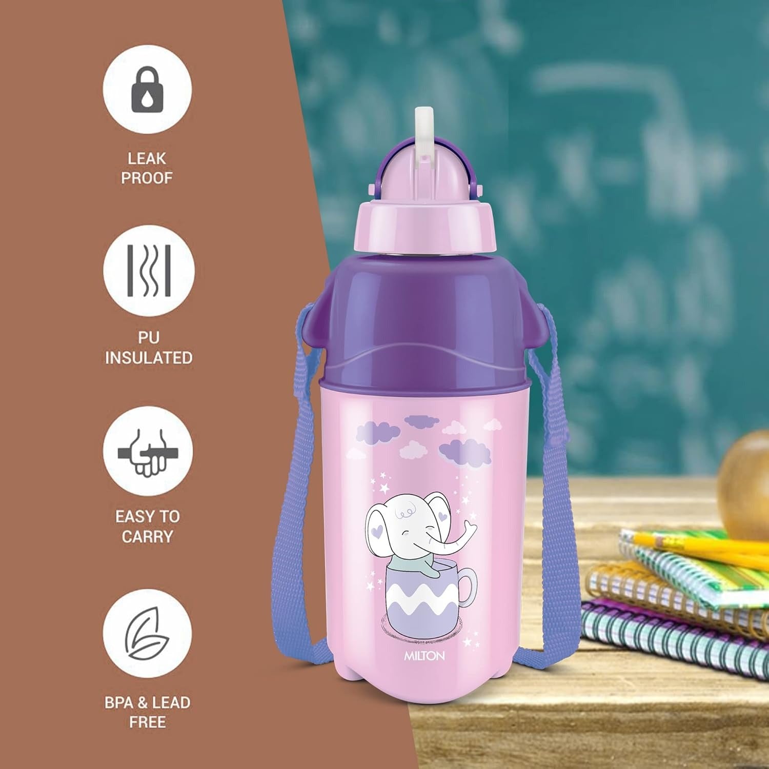 Milton Kool Trendy Plastic Insulated Water Bottle with Straw for Kids 370ml