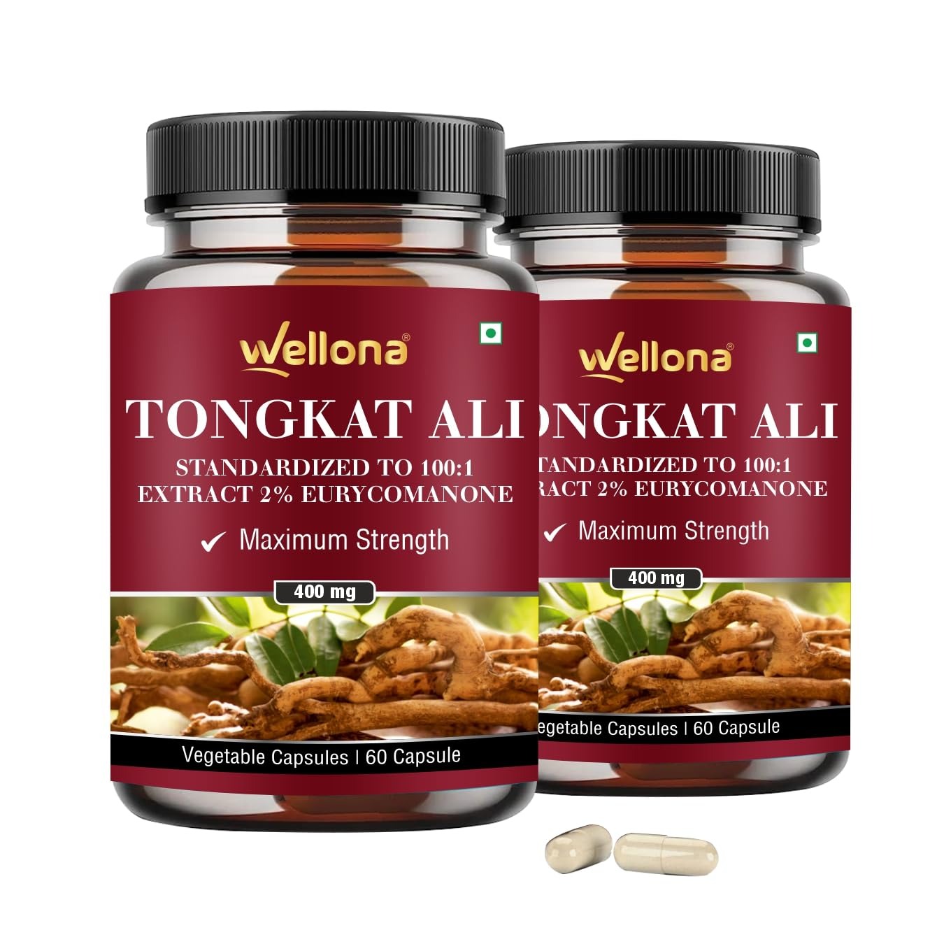 Wellona Tongkat Ali Longjack Root Extract Herbal Supplement For Men - 60 caps Each (Pack of 2)