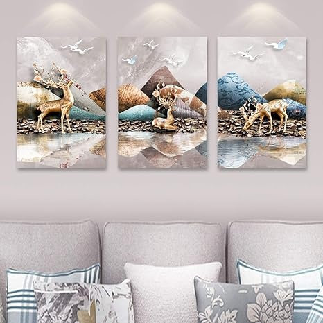 Rangoli CD-1253 Wood Animals Three Deer Painting Multicolour Abstract 12 x 18 Inch Design Code-1253