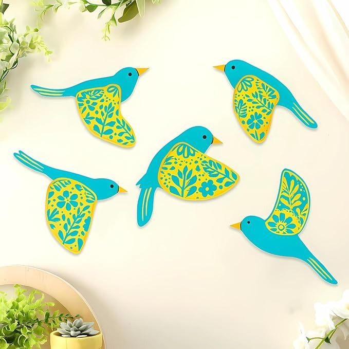 GiftOday Wooden 3D 5 Pieces Birds for Wall Art Panel  Wood Bird Folk Art Wall Hanging Style 5