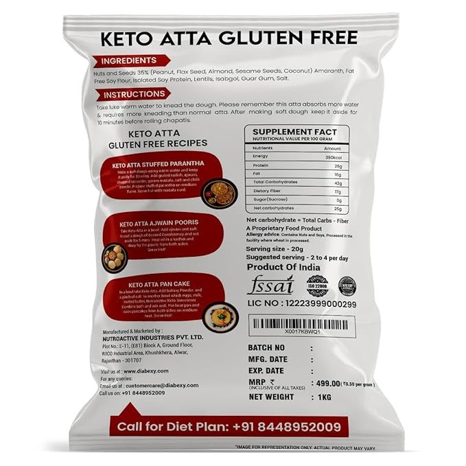 Diabexy NutroActive Keto Atta Gluten Free Ultra Low Carb Flour - 1 kg