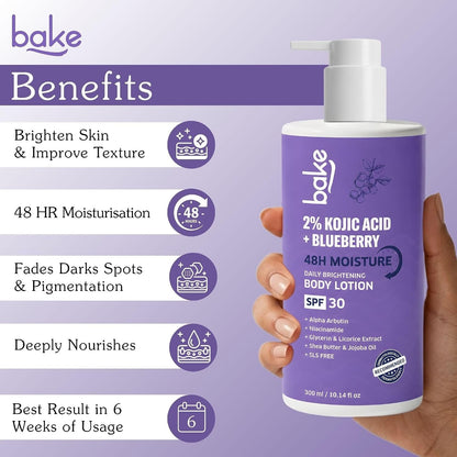 Bake 2% Kojic Acid Body Lotion SPF 30 PA+++ for Pigmentation & Tan Removal - 200 ml (Pack of 2)