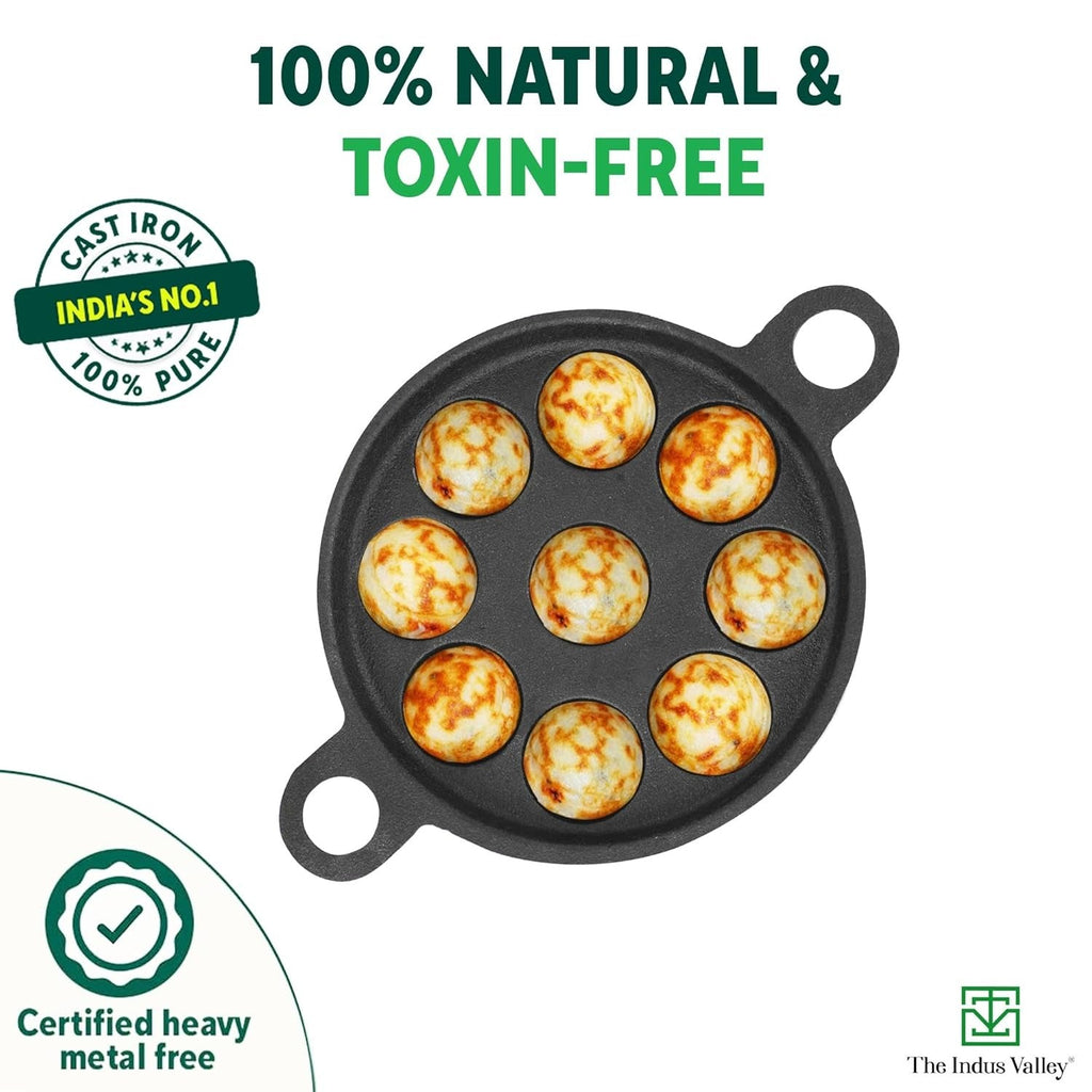 The Indus Valley Castrong Cast Iron Paniyaram Pan 9 Pit Pre-Seasoned
