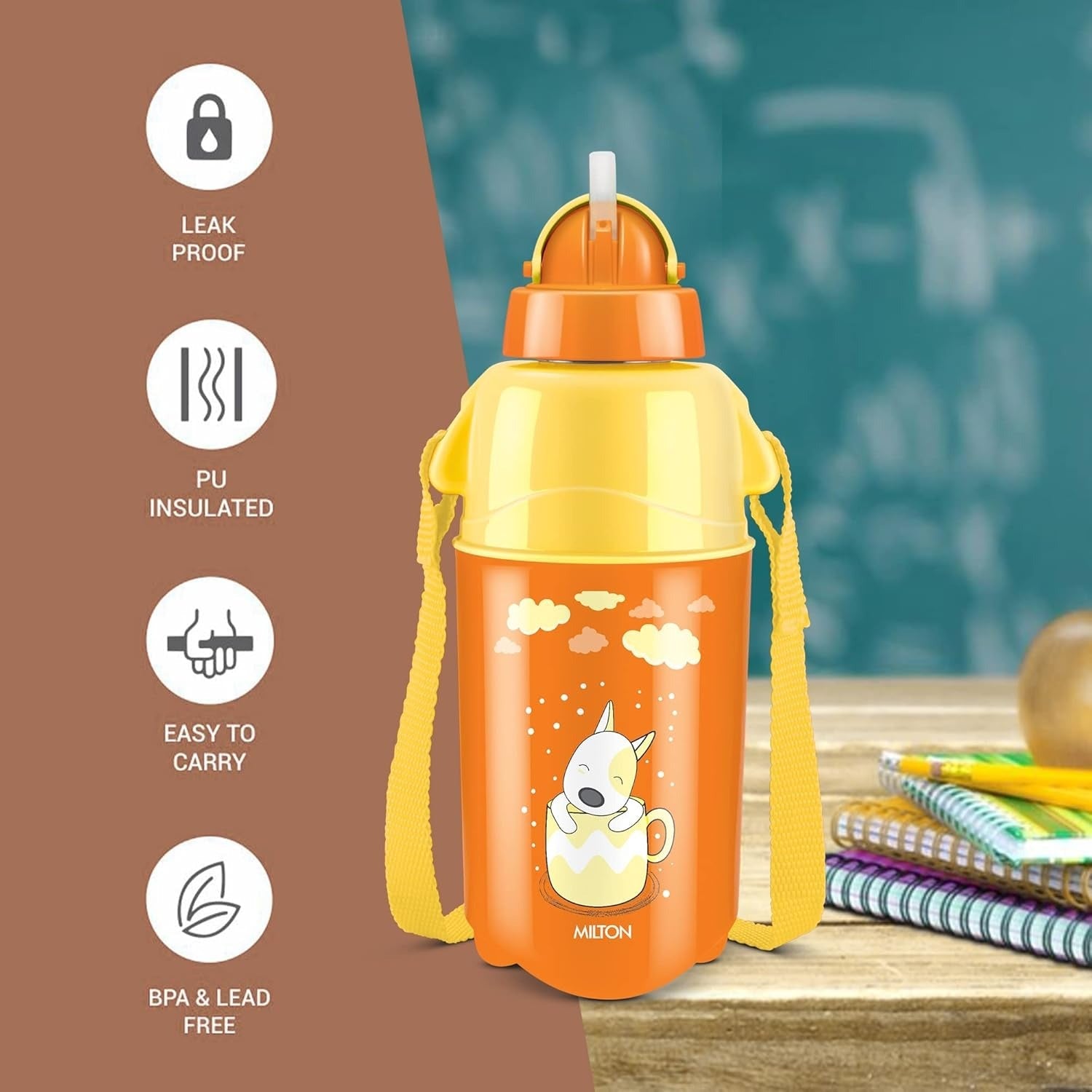 Milton Kool Trendy Plastic Insulated Water Bottle with Straw for Kids 370ml