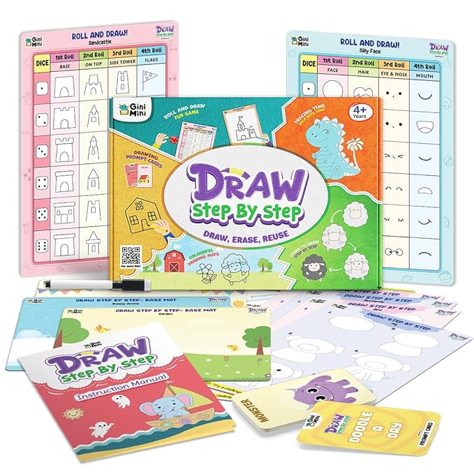 GiniMini Draw Step by Step Kit for Kids 4+ Learn to Draw with 60+ Shapes & Tracing Practice Reusable Travel-Friendly Art & Doodle Kit Creative Educational Gift for Boys & Girls