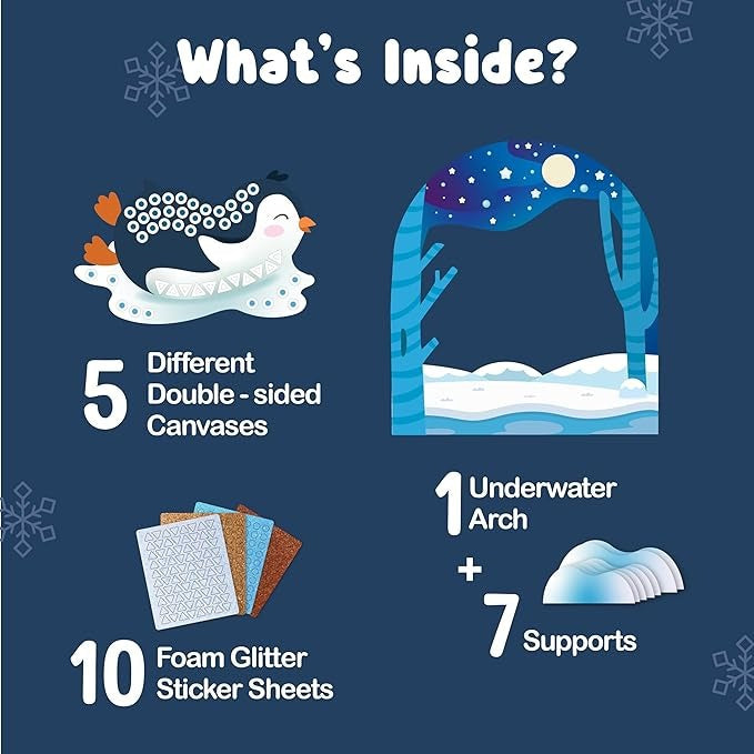 Binca Foam Sticker Mosaic Art Activity, 750+ 3D Glitter Foam Stickers 5 Winter Animals with Display Arch for Boys & Girls Ages 5,6,7,8