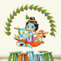 StickMe Lord Krishna Playing Flute with Cow Religious Wall Sticker - Self Adhesive Peel & Stick Vinyl -SM551