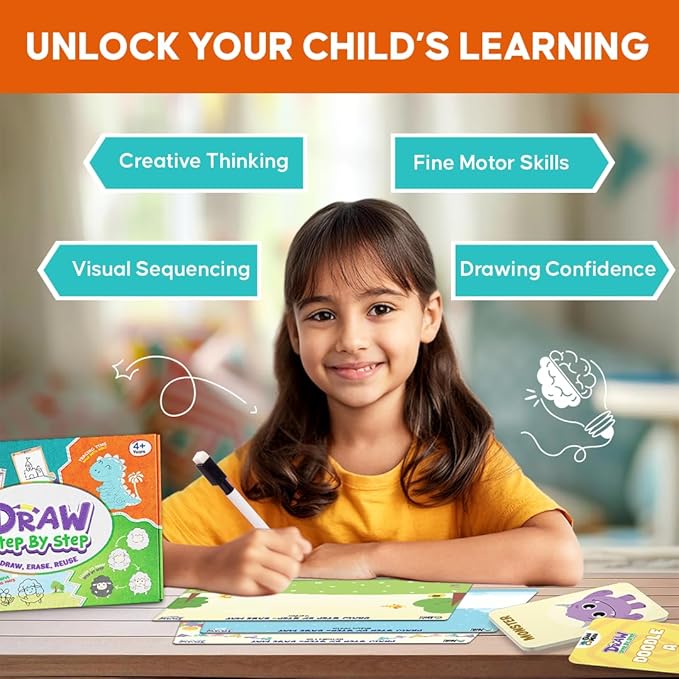 GiniMini Draw Step by Step Kit for Kids 4+ Learn to Draw with 60+ Shapes & Tracing Practice Reusable Travel-Friendly Art & Doodle Kit Creative Educational Gift for Boys & Girls