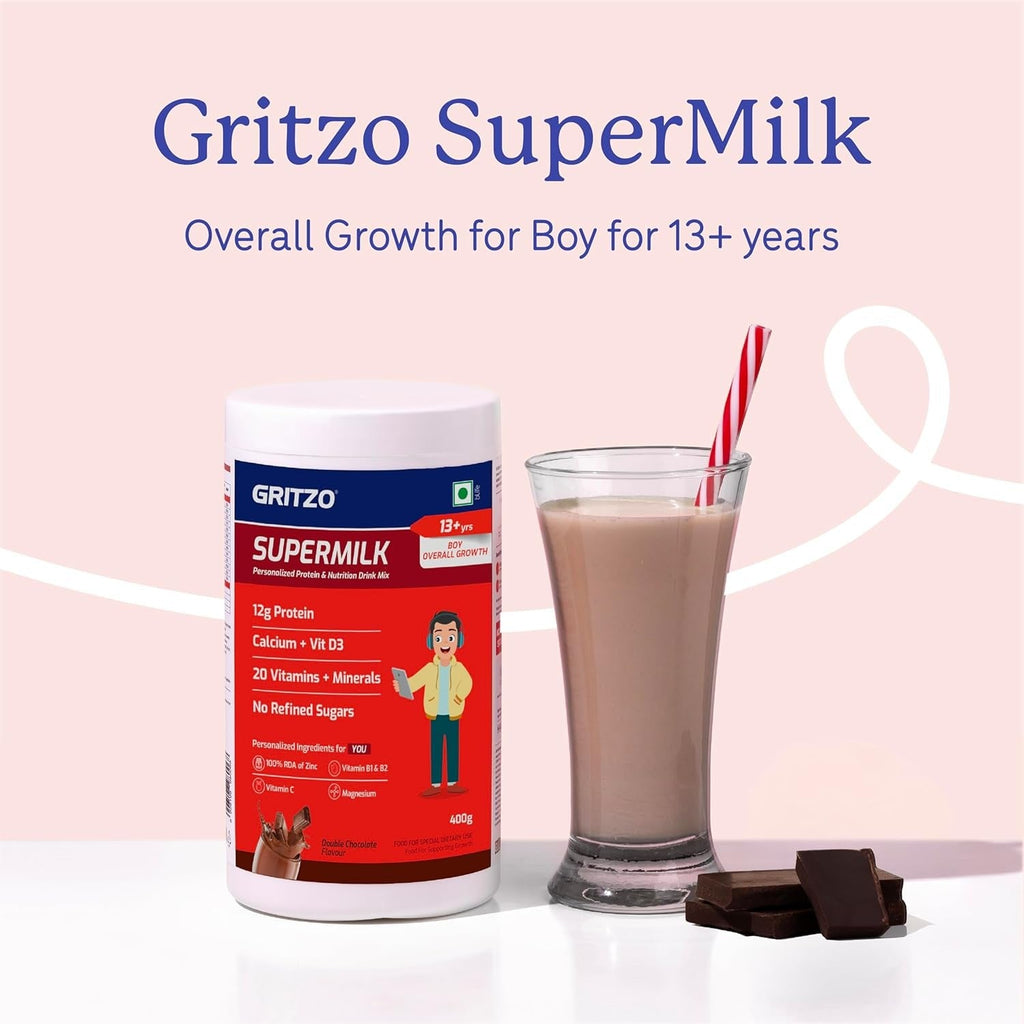 Gritzo SuperMilk Overall Growth (13+y Boys) 12g Protein Powder Double Chocolate - 400 gms