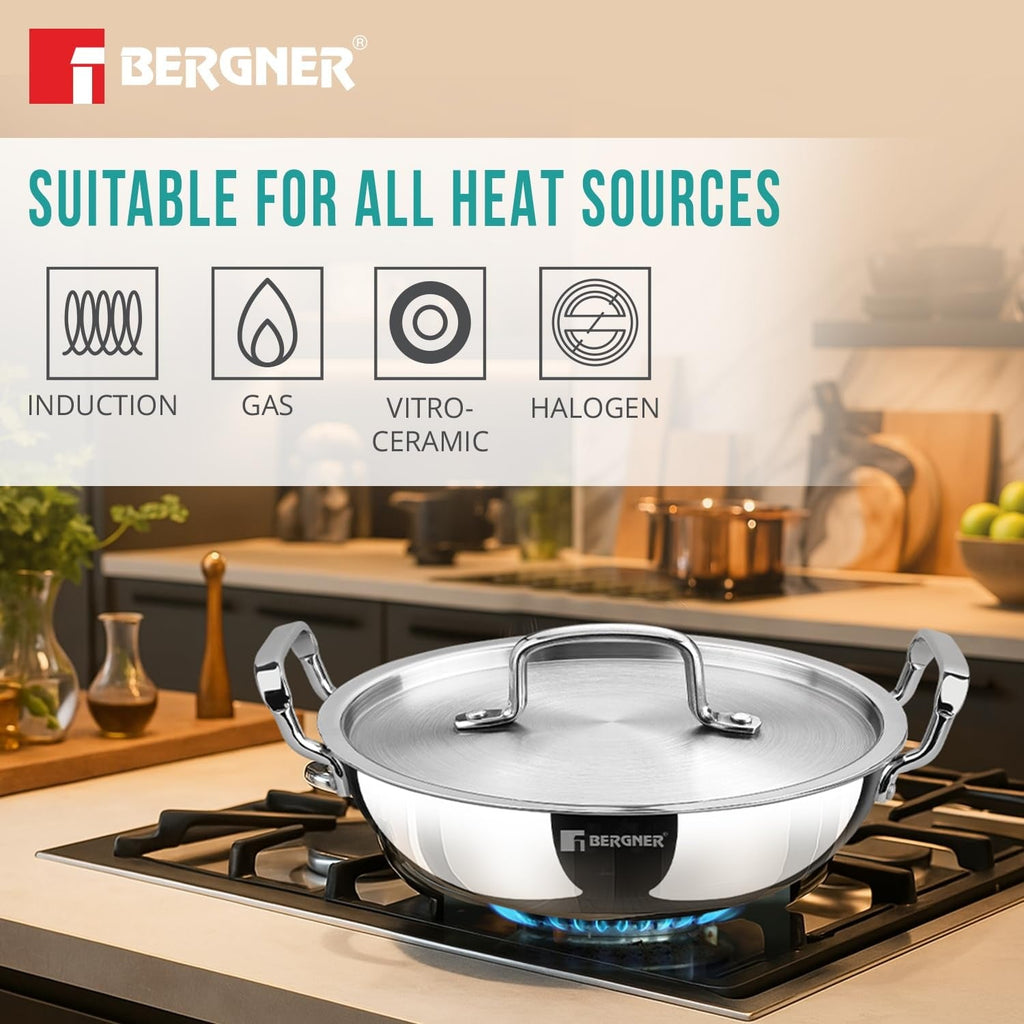 Bergner Tripro Triply 30 Cm Deep Kadai | 6 L Capacity | Stainless Steel Lid | Wide Grip Handles