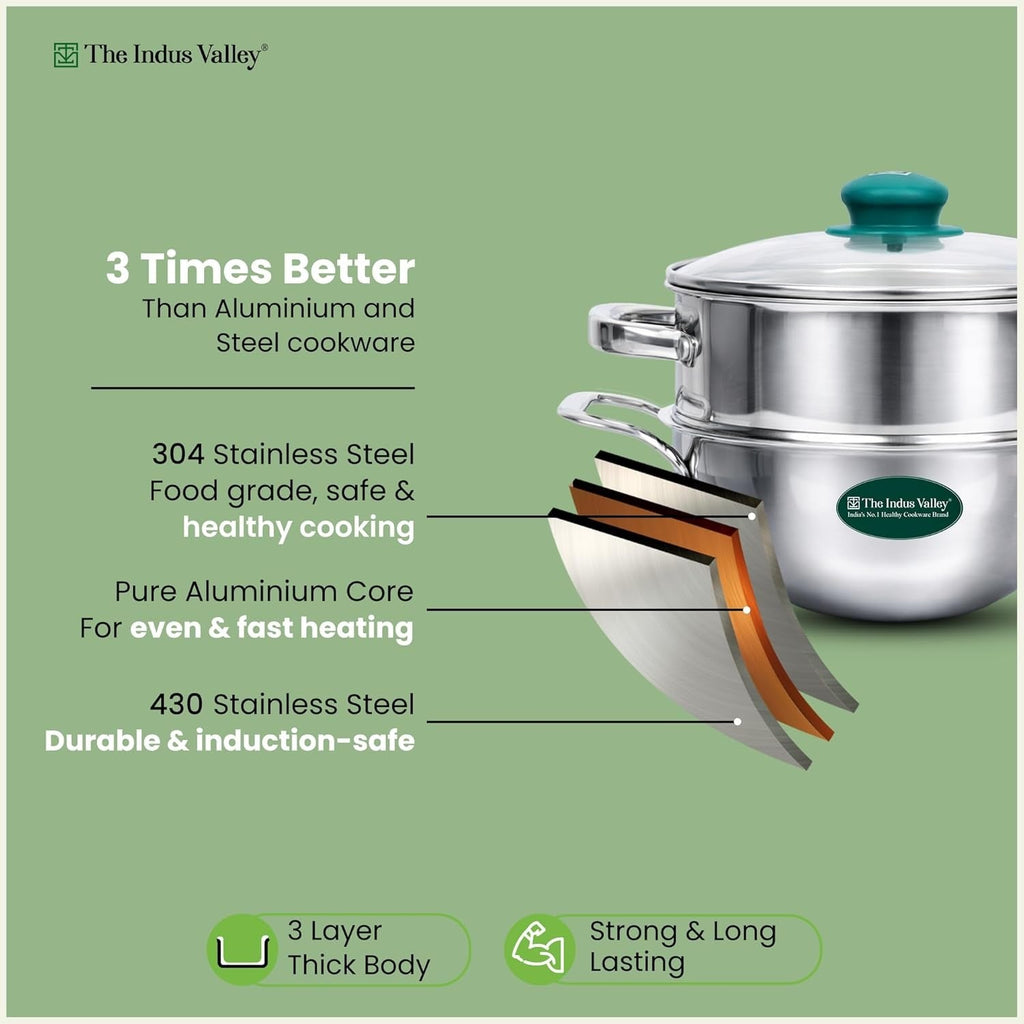 The Indus Valley Triply Stainless Steel Deep Kadai Steamer with Glass Lid 20cm