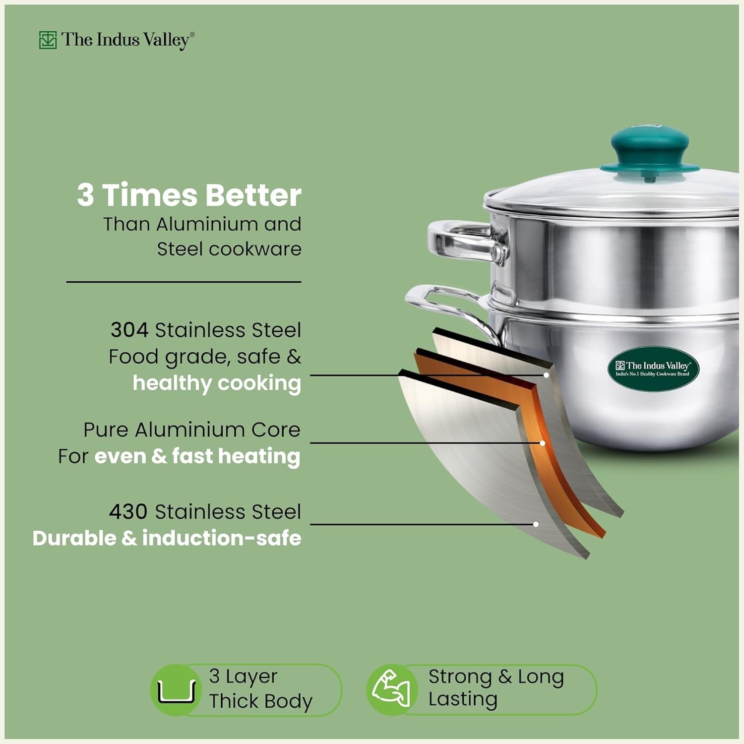 The Indus Valley Triply Stainless Steel Deep Kadai Steamer with Glass Lid 20cm