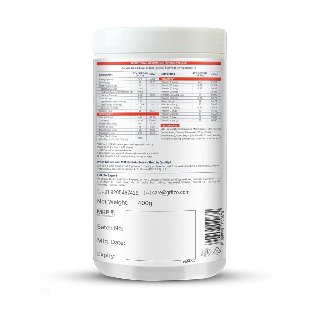 Gritzo SuperMilk Overall Growth (13+y Boys) 12g Protein Powder Double Chocolate - 400 gms