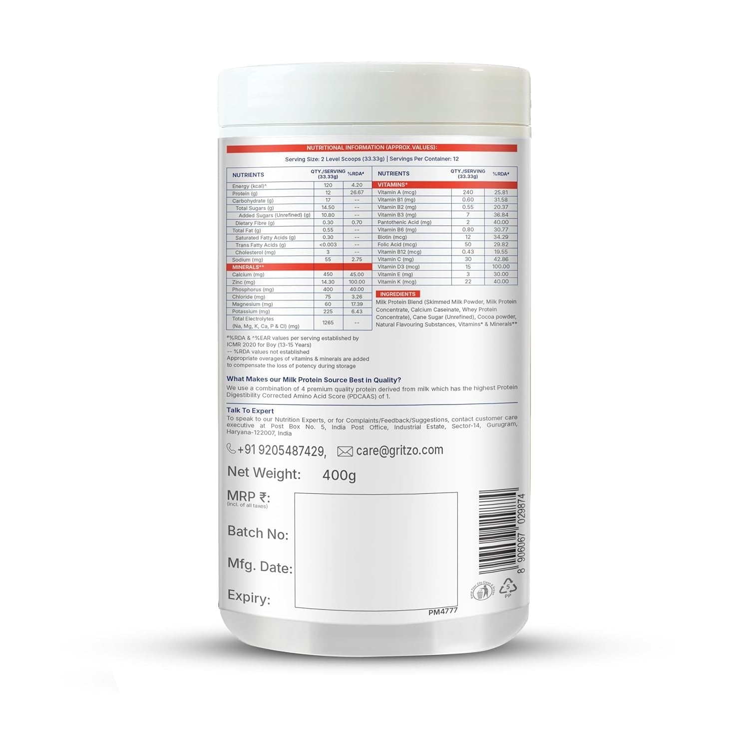 Gritzo SuperMilk Overall Growth (13+y Boys) 12g Protein Powder Double Chocolate - 400 gms