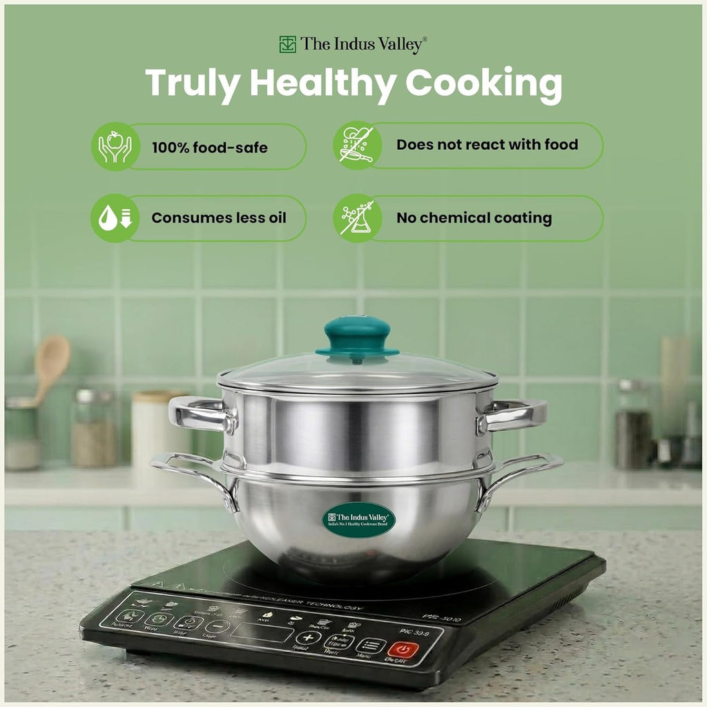 The Indus Valley Triply Stainless Steel Deep Kadai Steamer with Glass Lid 20cm