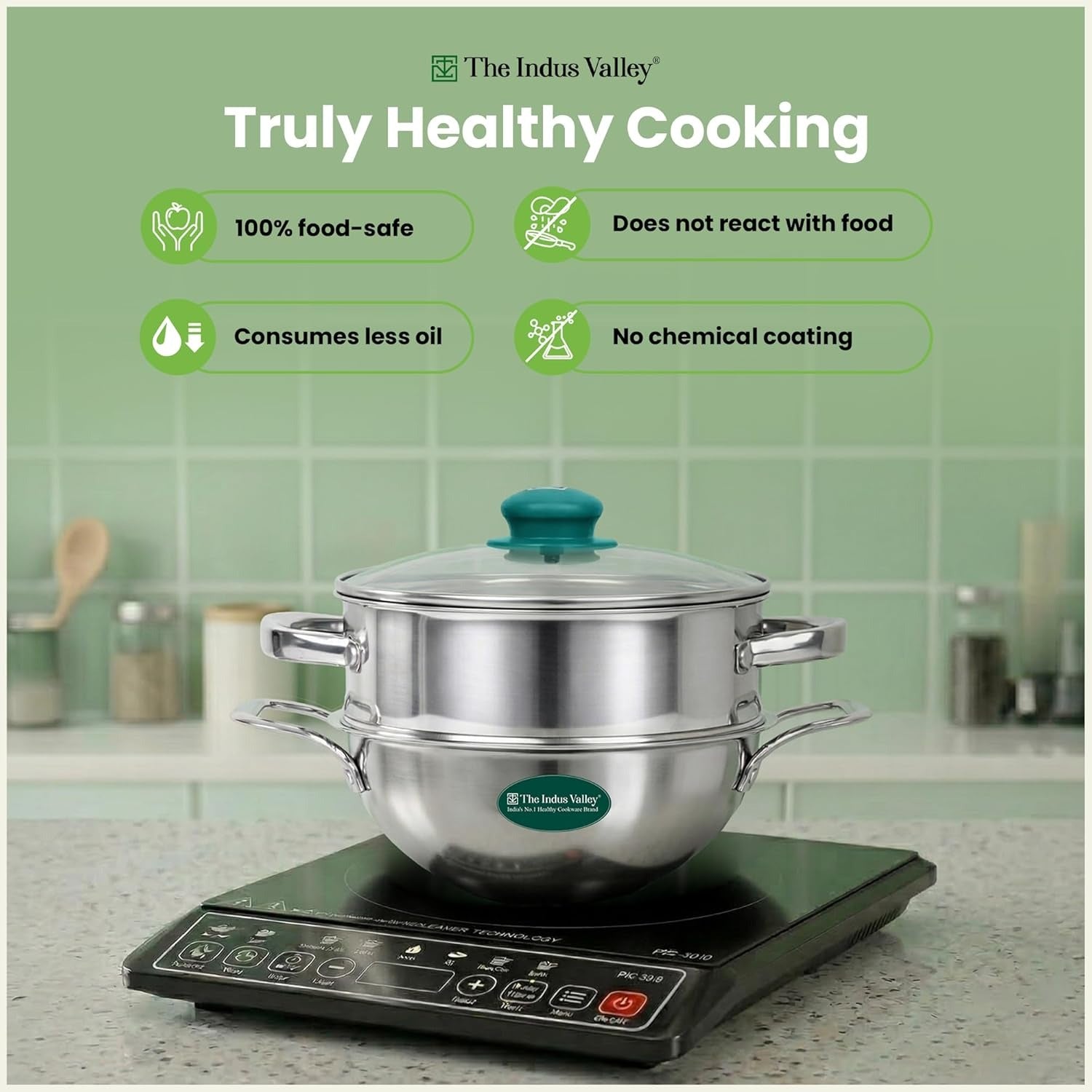 The Indus Valley Triply Stainless Steel Deep Kadai Steamer with Glass Lid 20cm