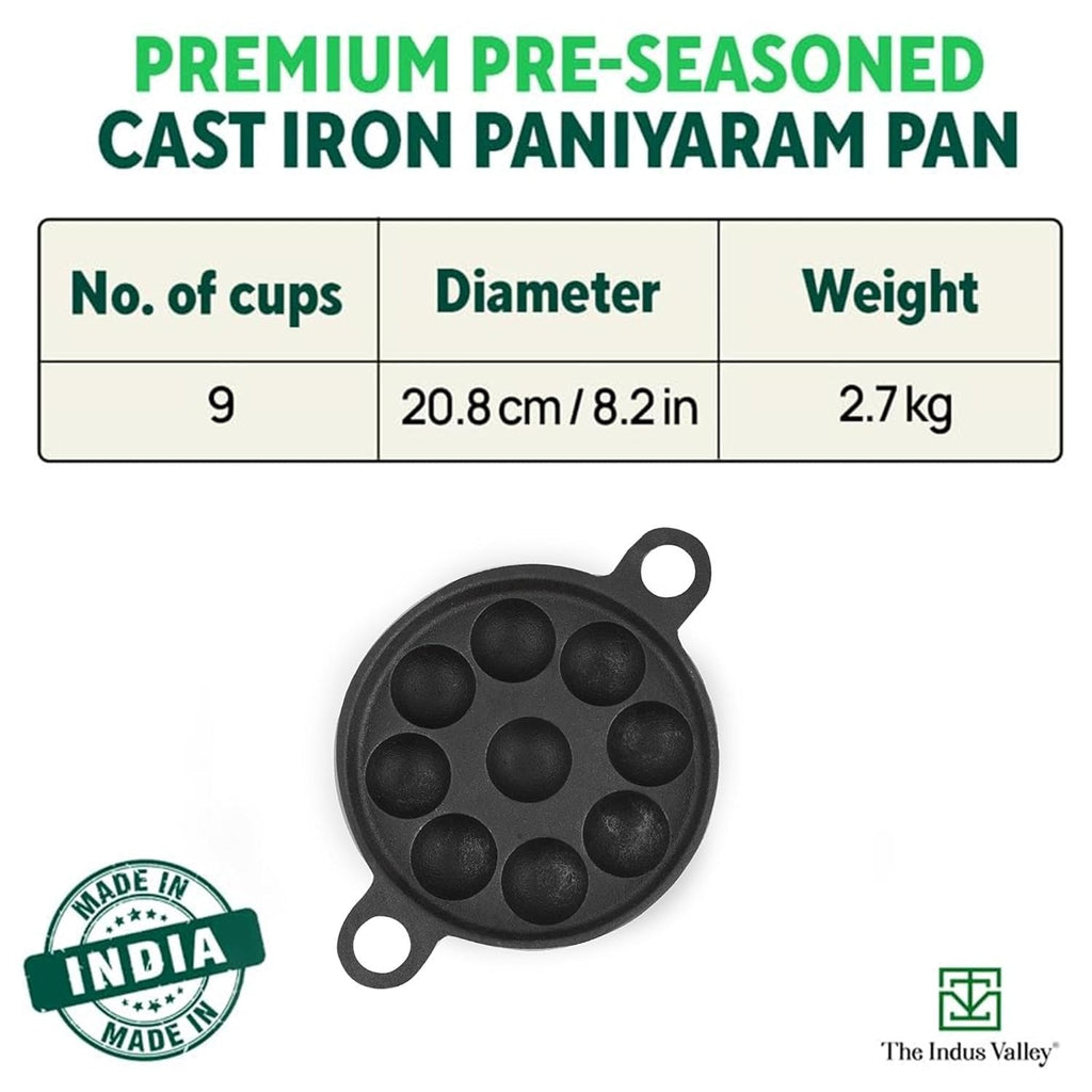 The Indus Valley Castrong Cast Iron Paniyaram Pan 9 Pit Pre-Seasoned