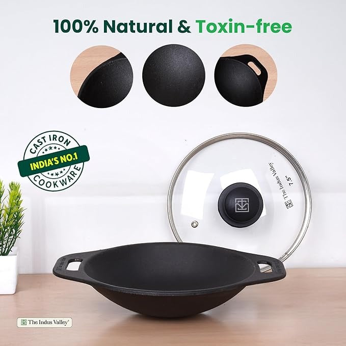 The Indus Valley Pre-seasoned Cast Iron Appam Pan With Glass Lid 22.2 Cm/8.7 Inch Nonstick Appam Pan